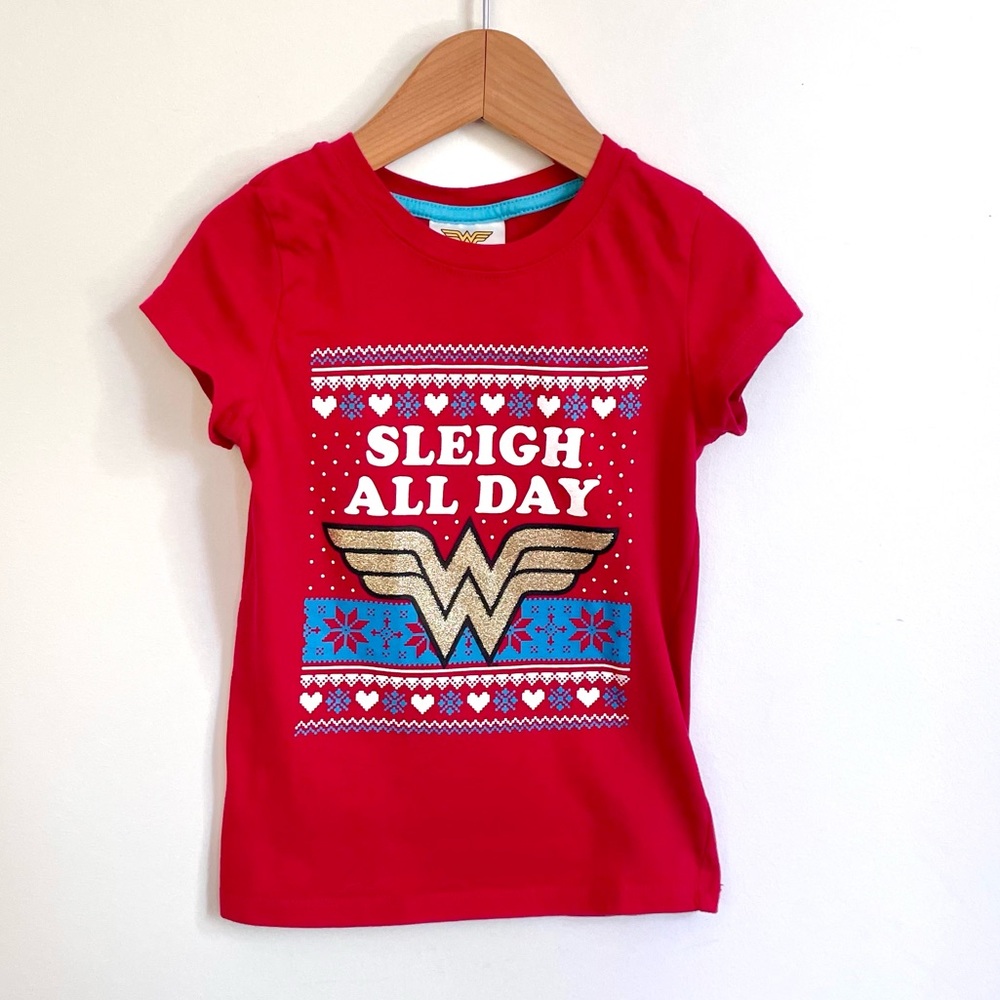 NEW Wonder Woman Logo Christmas Tee, Glitter Fair Isle Snowflake, Sleigh All Day